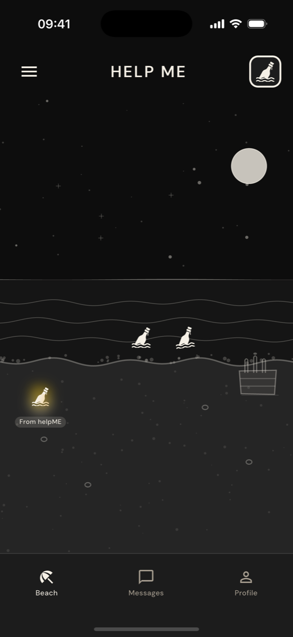 helpME screen: the beach at night — bottles with messages drifting ashore