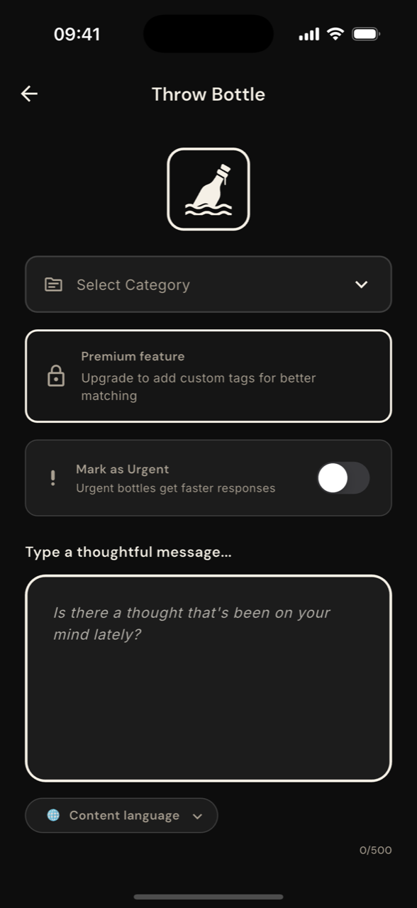 helpME screen: throw a bottle — write a thoughtful message in your language