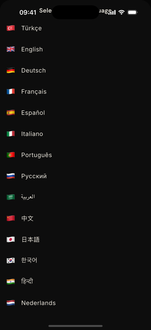 helpME screen: choose from 15 content languages